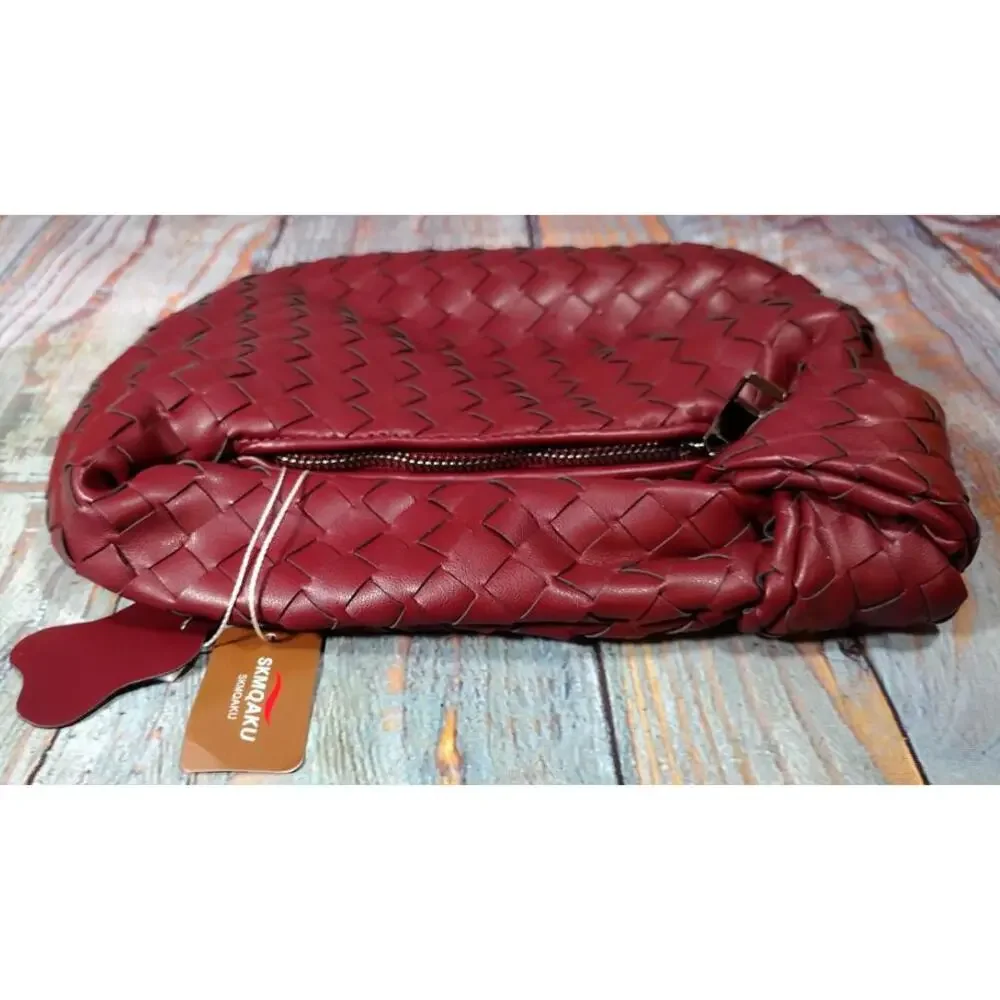 SKMQAKU - Knoted Woven Handbag Pull Zipper Closure - Claret - NEW in Box‎